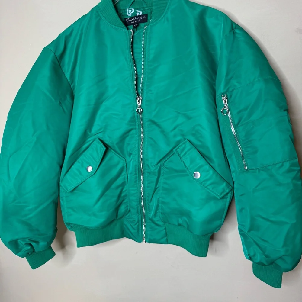 Miss Selfridge ruched sleeve bomber jacket bright green silver zipper size 4 - Picture 4 of 14